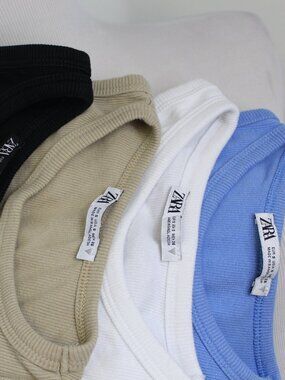 ZARA 4PC Ribbed Crop Tank Bundle S Black White Tan Blue Y2K Fitted Stretch Basic
